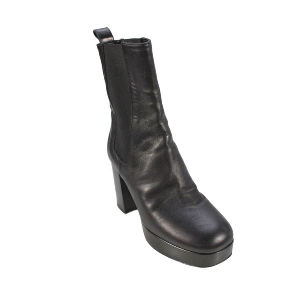 275 Central Women's Round Toe Leather Block Heel Pull-On Boots Black Size 5.5